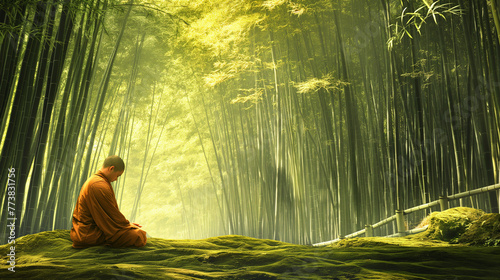 A Meditating Monk in the Calming Ambiance of Bamboo Forest