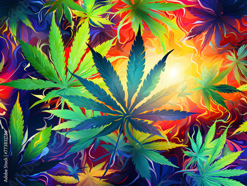 Abstract colorful background with cannabis marijuana plant leaves 