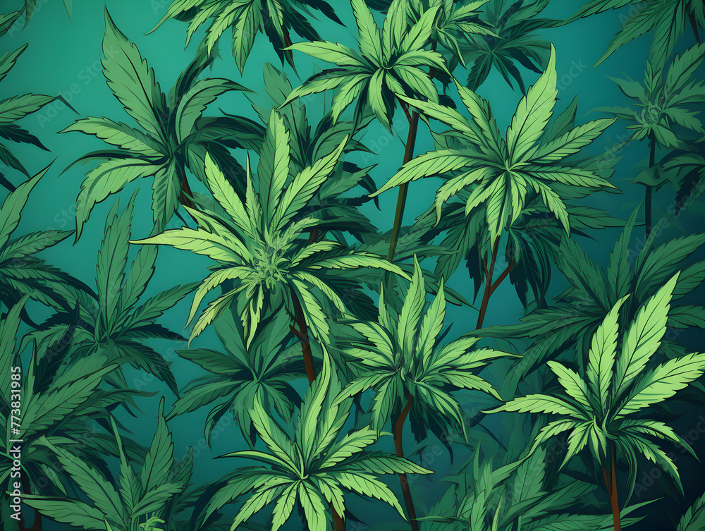 Abstract illustration background with green cannabis marijuana leaves