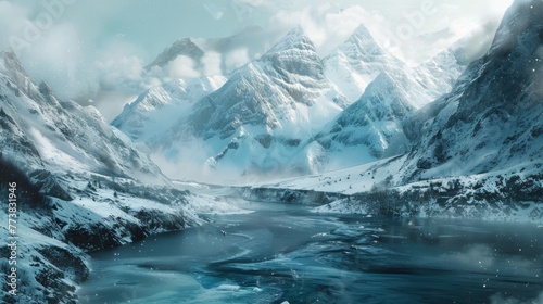 Snowy Mountain Landscape With River