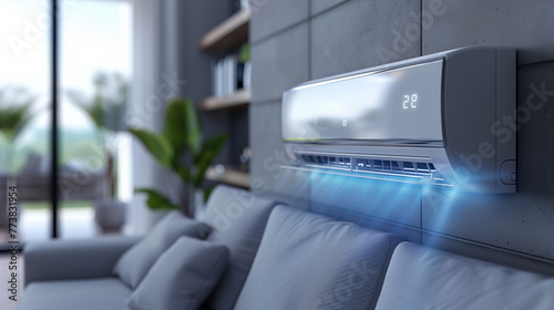 Energy efficient air conditioner with fresh natural in a modern living room. photo