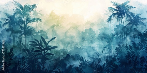 Watercolor pattern wallpaper. Painting of a jungle landscape, Generative AI