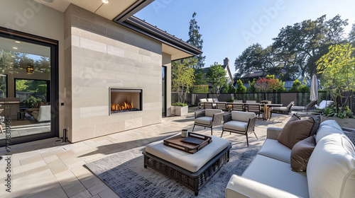 A sun-drenched patio adorned with comfortable seating and a sleek fireplace, providing the perfect spot for daytime relaxation or evening gatherings. 8K.