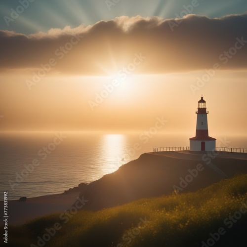 Lighthouse, stunning sunset, reflection of sunrise in water and sea, steps to the building, coast, sandy beach © SandaRina