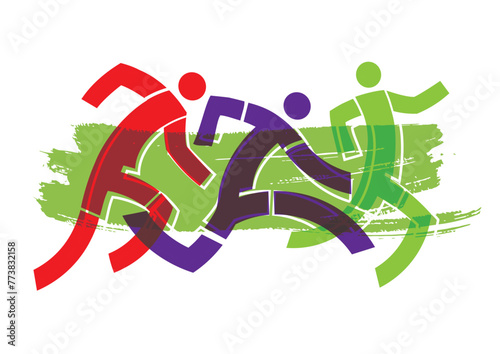 Running race, marathon, jogging. Stylized illustration of three running racers on green expressive brush stroke. Isolated on white background. Vector available.