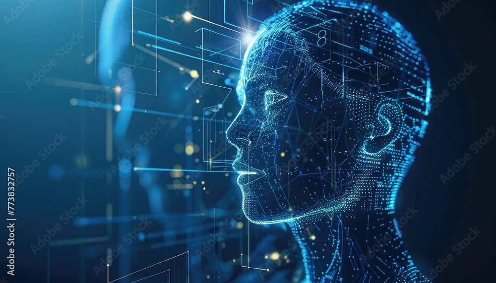 A woman's face is shown in a blue and yellow pattern by AI generated image A woman's face is shown in a blue and yellow pattern by AI generated image