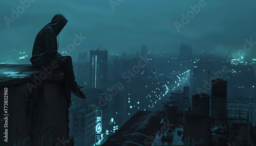 a man sitting on the rooftop of a building in the night photo