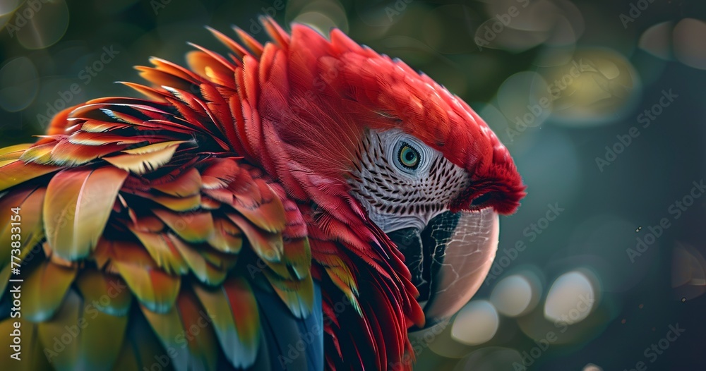 Fototapeta premium Parrot, mimicry training, close-up, vibrant feathers, articulate, natural light, engaging, detailed texture. 