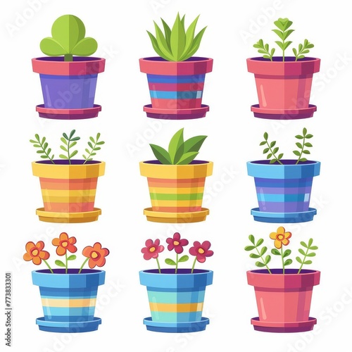 2D asset element of a set of colorful flower pots, each with a unique design, isolated on white background