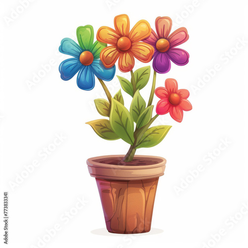 2D asset element of a whimsical flower pot with rainbow blossoms  isolated on white background