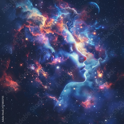 Space and celestial bodies burst from a head, symbolizing curiosity about the universe, in deep space colors and starlight