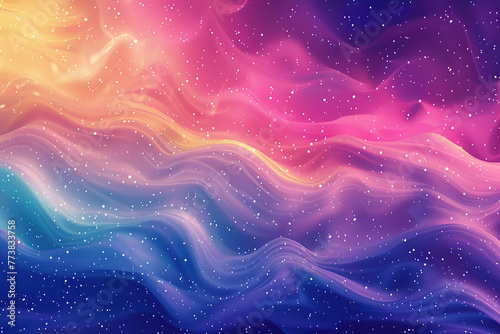 close up horizontal image of glowing colourful waves and particles background