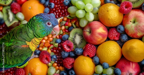 Parrot  colorful fruit mix  close-up  tropical feast  sharp  vivid detail  nutritional rainbow. 