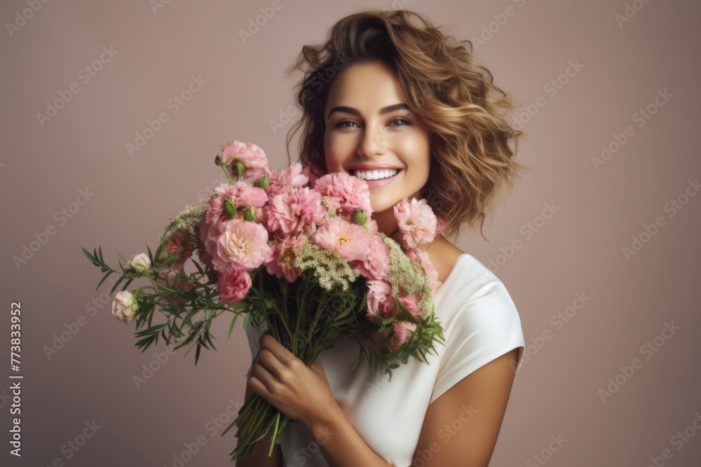 Portrait of a beautiful young woman with a bouquet of flowers on a monochrome background.