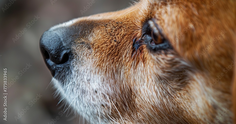 Fototapeta premium Dog, enjoying dental chew, close-up, health care snack, focused, detailed, oral hygiene moment.