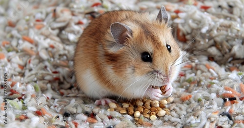 Hamster, nibbling seed ball, close-up, joyous, soft bedding backdrop, detailed, wholesome bite. -
