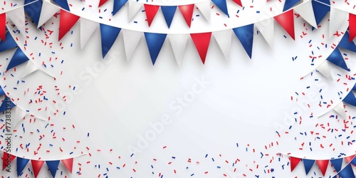 Bastille Day banner or header. July 14th France national holiday celebration. Blue, white, and red tricolor french flag bunting.