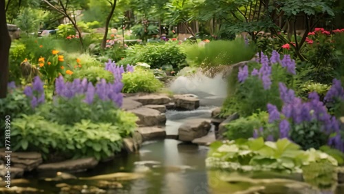 Butterflies and flowers in a beautiful Japanese garden in spring, AI Generated photo