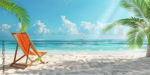 Orange beach chair under the palm tree with summer accessories