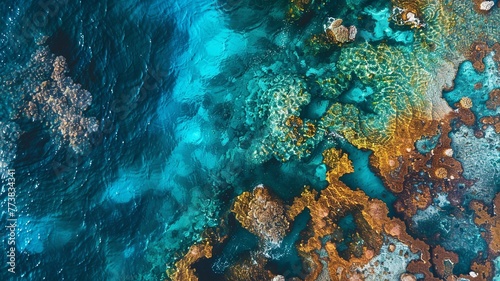 coral reef in the crystal clear sea with wonderful colors seen from a bird's eye view, generated by AI