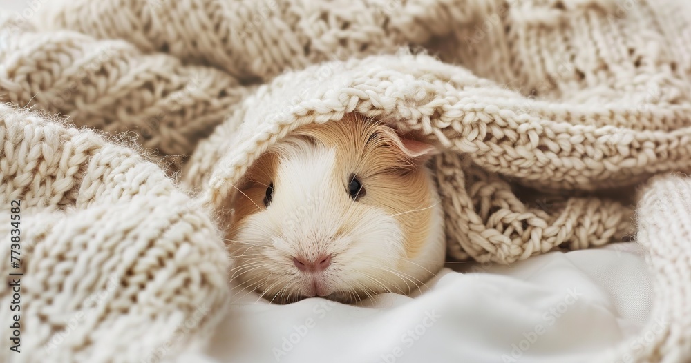 Guinea pig, knitted sweater, close-up, cozy, indoor warmth, detailed, homey comfort. Guinea pig, knitted sweater, close-up, cozy, indoor warmth, detailed, homey comfort.
