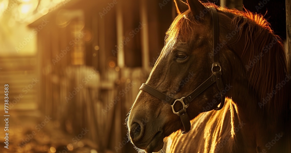 Horse, rustic barn, close-up, noble, golden hour light, detailed, rugged beauty.