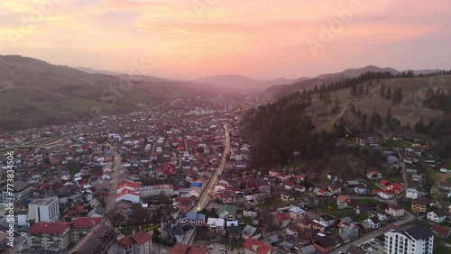 Drone shot of Gura Humorului city from Romania photo