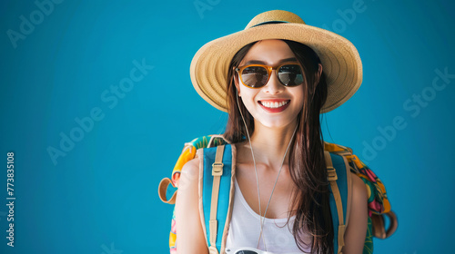Smiling woman in striped swimsuit and sunglasses with colorful backpack