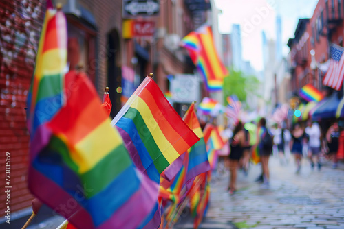 Pride flags lining city street in a vibrant display of LGBTQ community celebration and diversity