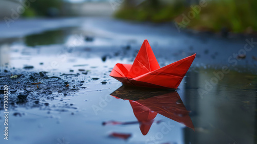 Vibrant red paper boat floating on a puddle on a rainy day