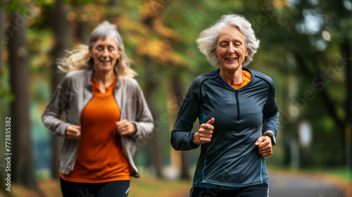 Senior women in sportswear jogging together in a park