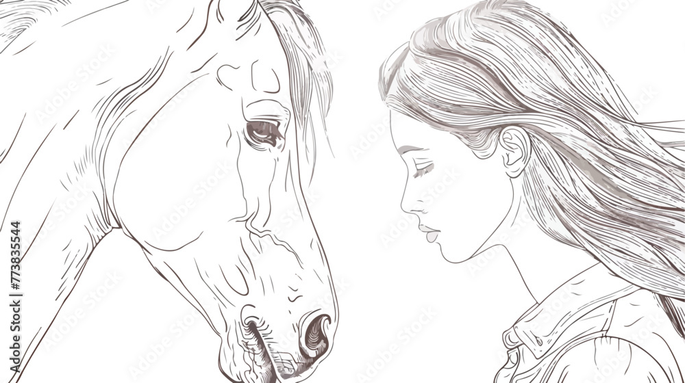 Woman and horse beautiful line art drawing Flat vector