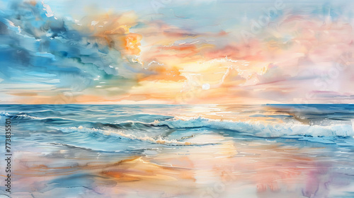 Vibrant watercolor of sunrise over ocean waves  reflecting the beauty and energy of a new day