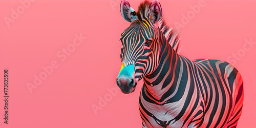 A zebra with a VR Headset isolated on pink background simulation metaverse   