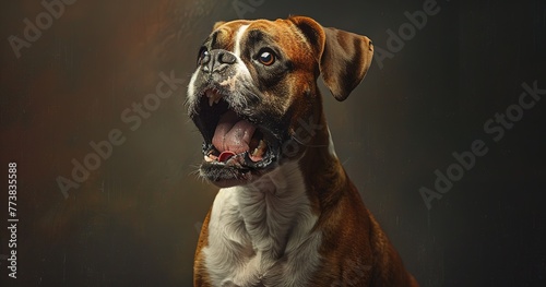 Boxer  muscular and exuberant  face expressive  a spirited family member.