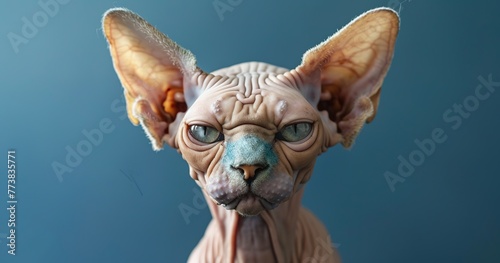 Sphynx cat, skin wrinkled, ears large, an elegant alien. 