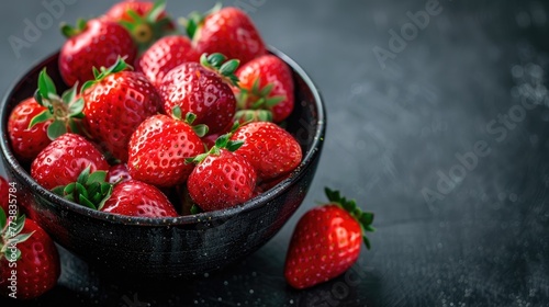 Ripe strawberries in a bowl on a dark background  juicy berries  vitamins.