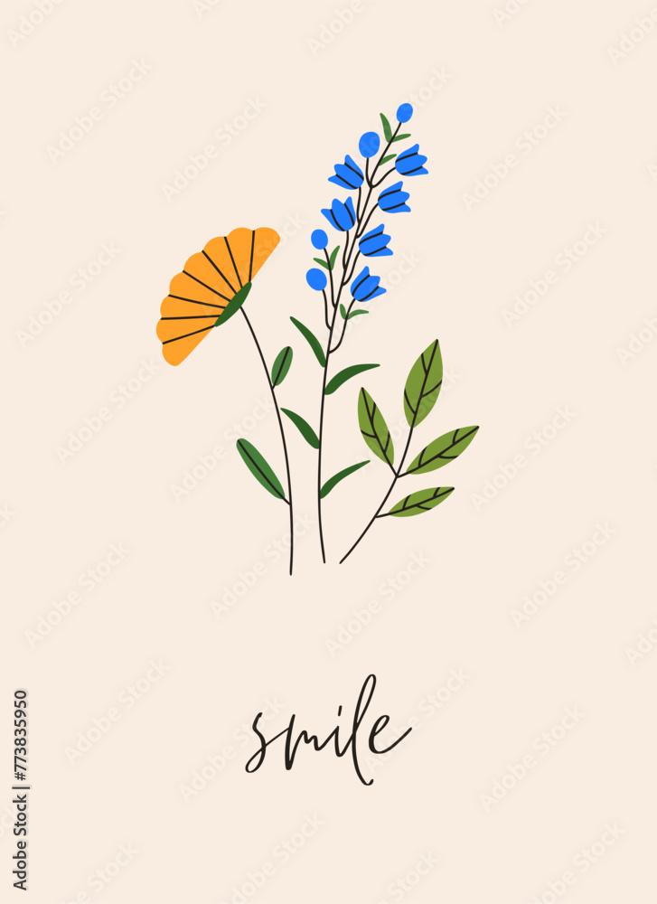Floral card design. Beautiful summer flowers, delicate wildflowers, simple blooming sprigs. Botanical nature background, minimal postcard, field meadow herbs. Flat graphic vector illustration - obrazy, fototapety, plakaty 
