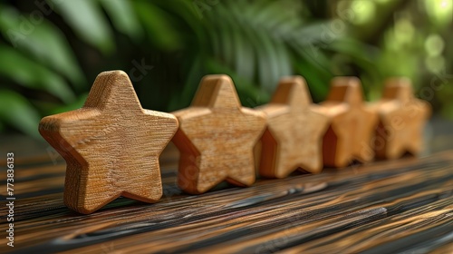 Wooden stars arranged in a row, symbolize a satisfaction rating system used for evaluating customer feedback, service quality, or product excellence