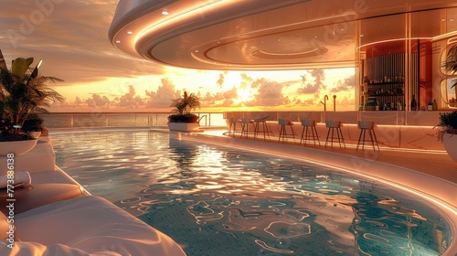 The pool bar on a luxury cruise ship, stools, plants, circle pool, in sunset time. Generative AI. © visoot