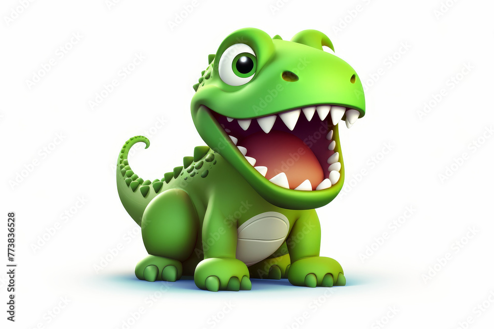 Fototapeta premium With its mouth wide open as if laughing, this playful cartoon dinosaur illustration evokes a sense of fun and fantasy perfect for a variety of projects