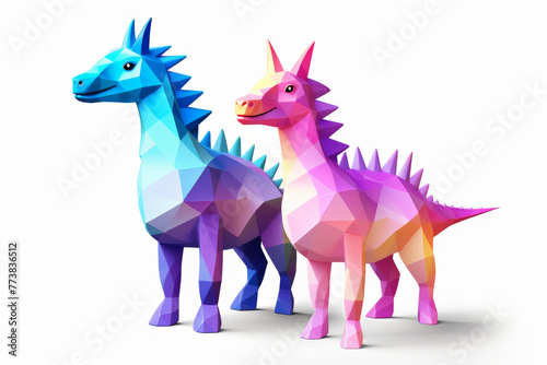 Vibrant toy dinosaurs in polygonal art style pose against a white background © Tixel