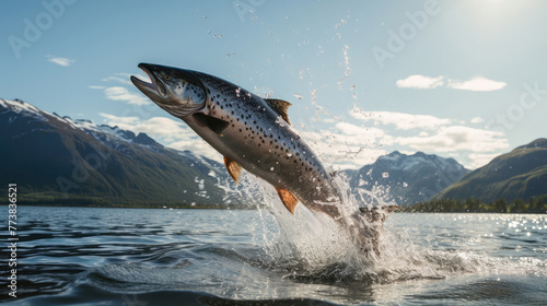 Large salmon or trout jumping out of the water on a fjord background.