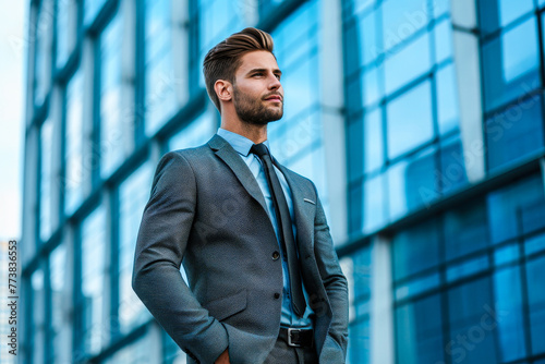 A young, well-dressed man looks off into the distance, standing in a city environment, exuding confidence and style photo