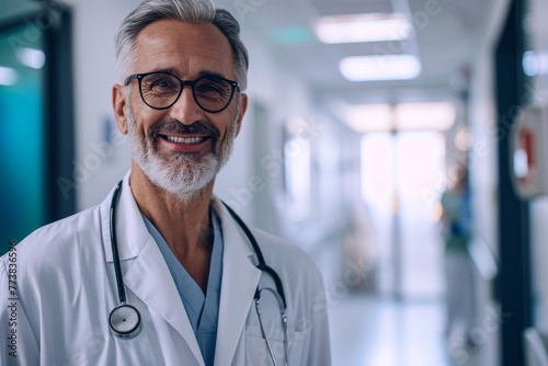 A distinguished and experienced senior doctor stands smiling in a hospital hallway, exuding trust and professionalism photo