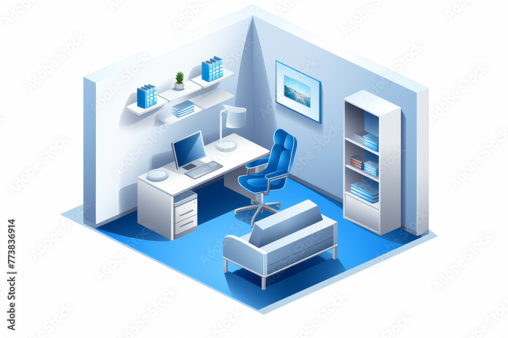 Isometric illustration of a modern home office with blue rug, chair, and wall decorations, offering a tranquil work setting Isometric illustration of a modern home office with blue rug, chair, and wall decorations, offering a tranquil work setting
