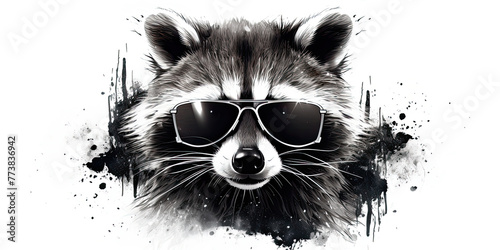 In black and white illustration portrait of a stylish raccoon in sunglasses on a white background. photo