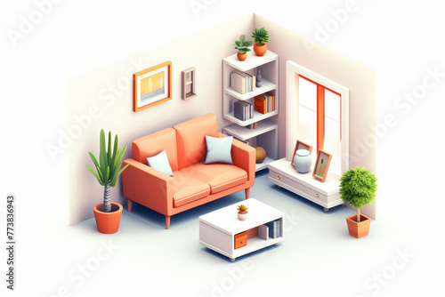 A modern isometric illustration of a cozy, contemporary living room with stylish orange furniture and decorative plants © Tixel