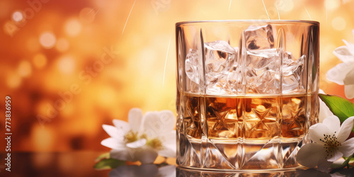 A wide glass of whiskey or scotch with spring apple tree blossoms on a bright amber background.