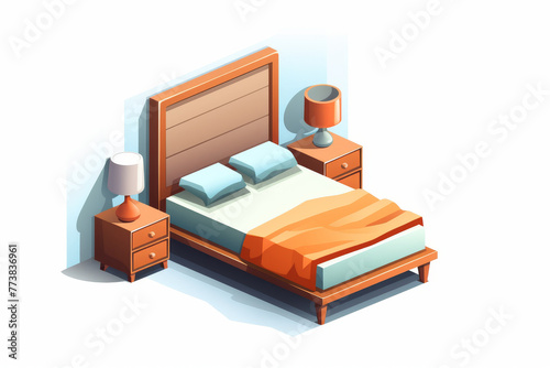 An inviting isometric view of a bedroom with a comfortable bed, warm color bedding, and matching nightstands creating a feeling of warmth and intimacy © Tixel